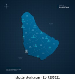 Vector Barbados map illustration with blue neon lightpoints - triangle on dark blue gradient background. Administrative divisions, cities, borders, capital. Neon tech background with glow. 