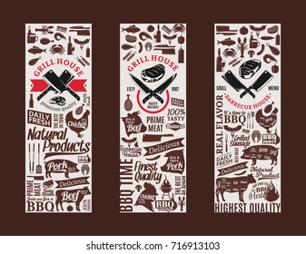 Vector barbecue banners. BBQ, meat, vegetables, beer, wine and equipment icons