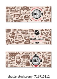 Vector barbecue banners. BBQ, meat, vegetables, beer, wine and equipment icons