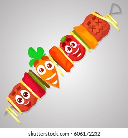 Vector barbecue with characters of meat, carrot and tomato. Isolated on grey background. Stickers and emotions. Cartoon style.