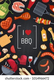 Vector barbecue or grill illustration with coking elements on chalkboard