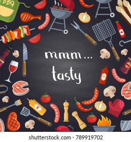 Vector barbecue or grill illustration with cooking elements on chalkboard. Food barbecue, cooking bbq drawing
