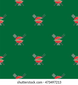 Vector Barbecue Icon Seamless Pattern on Green. Summer Grill Background.