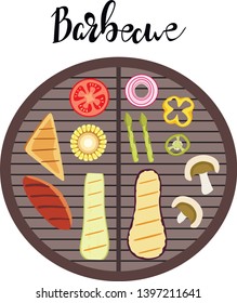 Vector barbecue illustartion. Meat and vegatables on grill. BBQ in flat design