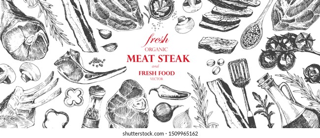 vector barbecue ingredients set. hand drawn illustration of beef steak, bacon, grilled vegetables and spices. food sketch for restaurant design