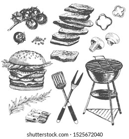 vector barbecue ingredients sketch. hand drawn illustration of grilled meat, ham, ribs, rosemary. flat lay chargrill set for restaurant design