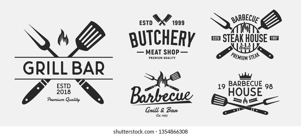 Vector Barbecue Logo Set. 5 Vintage Steak House Emblems. Barbecue And Restaurant Labels, Emblems, Logo. Steakhouse, Barbecue Restaurant, Butchery And Meat Shop. Logo Template.