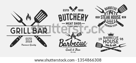 Vector Barbecue logo set. 5 Vintage Steak House emblems. Barbecue and Restaurant labels, emblems, logo. Steakhouse, Barbecue restaurant, Butchery and meat shop. Logo template.