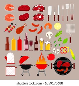 Vector barbecue, meat, vegetables, beer, wine and bbq equipment icons.