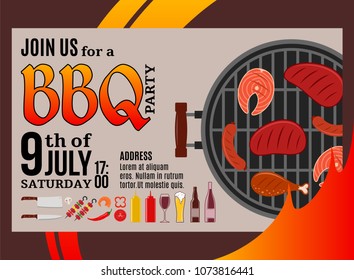 Vector barbecue party invitation. BBQ, meat, vegetables, seafood, drinks and grill equipment icons.