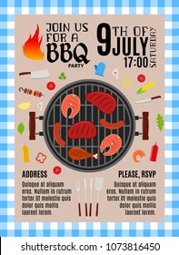 Vector barbecue party invitation. BBQ, meat, vegetables, seafood and grill equipment icons.