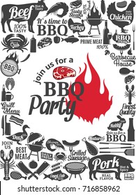 Vector barbecue party invitation. BBQ, meat, vegetables, beer, wine and equipment icons