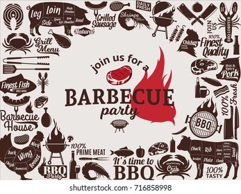 Vector barbecue party invitation. BBQ, meat, vegetables, beer, wine and equipment icons