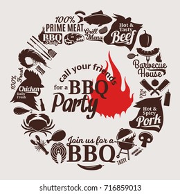 Vector barbecue party invitation. BBQ, meat, vegetables, beer, wine and equipment icons