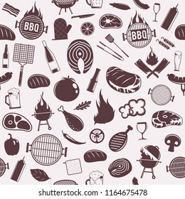 Vector barbecue seamless pattern or background. BBQ, meat, vegetables, beer, wine and equipment icons for cafe, bar and restaurant menu, branding and identity.