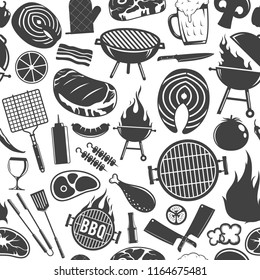 Vector barbecue seamless pattern or background. BBQ, meat, vegetables, beer, wine and equipment icons for cafe, bar and restaurant menu, branding and identity.