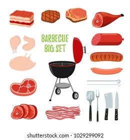 Vector barbecue set - different meat - chicken, ham, sausage, bacon, sirloin, bbq stand, fork, spatula, skewers. Made in cartoon flat style