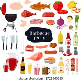 Vector barbecue set - grill with fork, different meat, seafood with vegetables and drinks. Barbeque party concept in cartoon flat style.