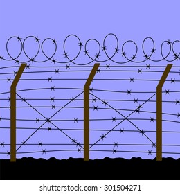 Vector Barbed Wire Fence Silhouette on Blue Background
