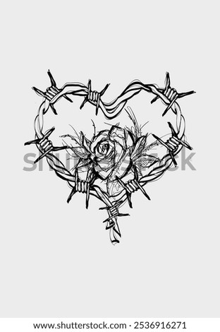 Vector Barbed wire heart with a rose in the center on a white background. Valentine's Day sketch.