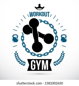 Vector barbell fitness equipment, sport team conceptual emblem