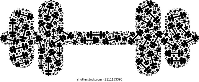 Vector barbell icon collage. Barbell collage is formed of scattered recursive barbell parts. Recursive composition of barbell icon.
