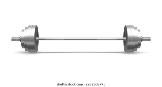 Vector barbell with rod. Illustration of long dumbbell with bar. Weightlifting and bodybuilding gear for gym. 3d Powerlifting exercise instrument. Heavy equipment for weightlifter or athlete training.