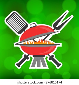 Vector Barbeque Icon on Summer Green Blurred Background.