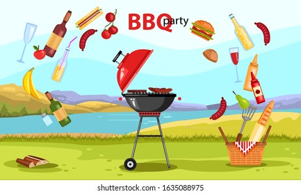 Vector barbeque party and picnic banner with brazier, basket with food, wine, fruit, sausages, burger, beer, lemonade, ketchup. Country landscape with lake and hills on the background in flat style.
