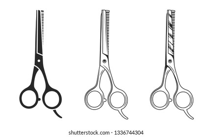Vector Barber scissors isolated on white background. Hair scissors icon in 3 other styles.