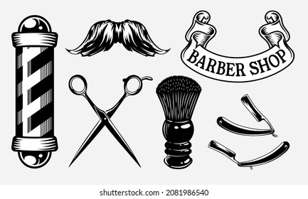 Vector Barber Shop accessories set. With silhouettes of barber instruments, barber pole, hairstyles. Vintage style. Monochrome linear style. 