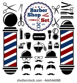 Vector Barber Shop accessories set. With silhouettes of barber instruments, barber pole, hairstyles. Vintage style.