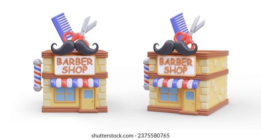 Vector barber shop building with decorative sign. Realistic object in different positions. Set of isolated images on white background. Color template for website design, application