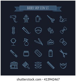 Vector Barber Shop Icons set. Hair salon thin line elements on a black background for your design