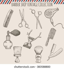 Vector Barber Shop Vintage Tools Collection (comb, Scissors, Hair Trimmer, Razor, Shaving Brush)