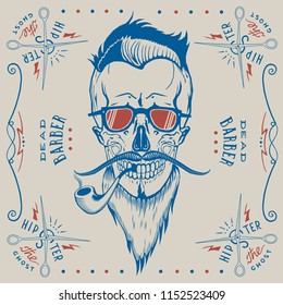 vector barber skull logo blue and red, print monogram hipster label barber shop