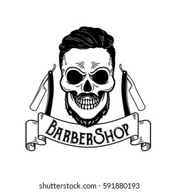 Vector Barbershop emblem, barbershop logo or badge for barber shop signboard, posters Skull with blades and hipster beard and haircut