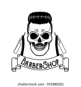 Vector Barbershop emblem, barbershop logo or badge for barber shop signboard, posters Skull with blades and hipster beard and haircut
