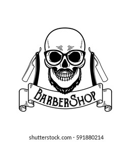 Vector Barbershop emblem, barbershop logo or badge for barber shop signboard, posters Skull with blades and hipster beard and haircut