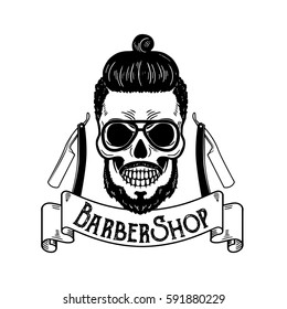 Vector Barbershop emblem, barbershop logo or badge for barber shop signboard, posters Skull with blades and hipster beard and haircut