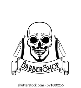 Vector Barbershop emblem, barbershop logo or badge for barber shop signboard, posters Skull with blades and hipster beard and haircut