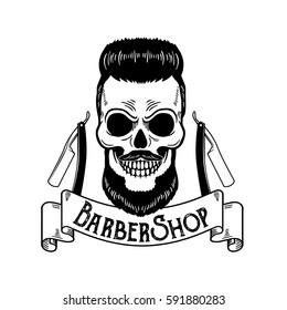 Vector Barbershop emblem, barbershop logo or badge for barber shop signboard, posters Skull with blades and hipster beard and haircut