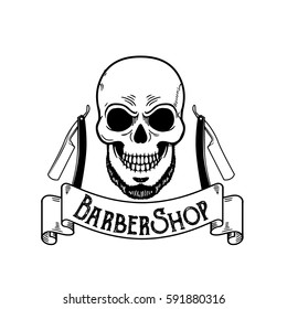 Vector Barbershop emblem, barbershop logo or badge for barber shop signboard, posters Skull with blades and hipster beard and haircut