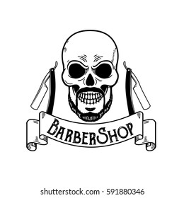 Vector Barbershop emblem, barbershop logo or badge for barber shop signboard, posters Skull with blades and hipster beard and haircut