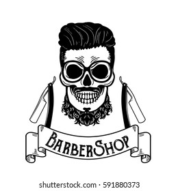 Vector Barbershop emblem, barbershop logo or badge for barber shop signboard, posters Skull with blades and hipster beard and haircut