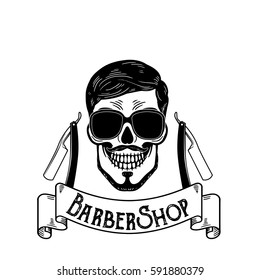 Vector Barbershop emblem, barbershop logo or badge for barber shop signboard, posters Skull with blades and hipster beard and haircut