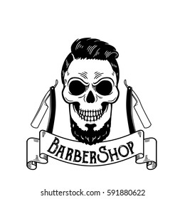 Vector Barbershop emblem, barbershop logo or badge for barber shop signboard, posters Skull with blades and hipster beard and haircut