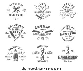 Vector barbershop emblems, labels, badges isolated on White background. Barber vintage logo templates. Set of 9 vintage barbershop emblems