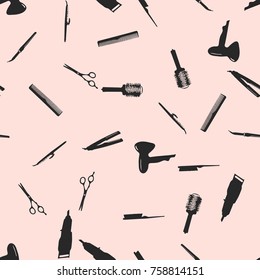 Vector barbershop endless illustration. Seamless pattern with professional hairdresser tools. Fashion and beauty background. Design for announcement, advertisement, print. Pink background