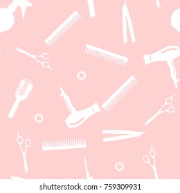 Vector barbershop endless illustration. Seamless pattern with professional hairdresser tools. Fashion and beauty background. Design for announcement, advertisement, print. Pink background